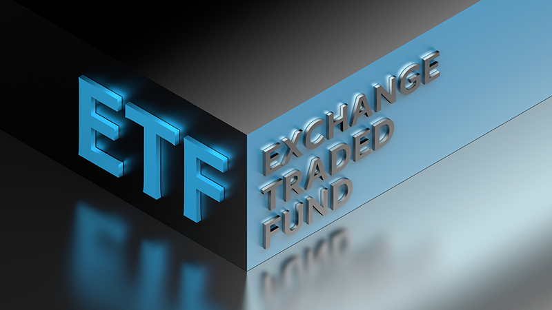 Financial term abbreviation ETF standing for Exchange Traded Fund on cube corner. 3d illustration.