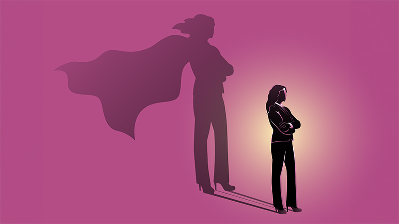 Business Woman with a Super Hero Shadow Leadership motivation concept Vector illustration