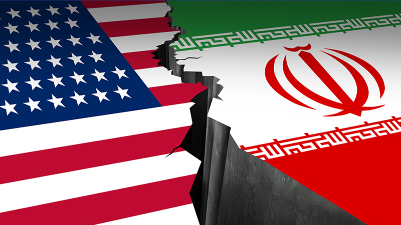 Iran US showdown and middle east clash as a USA or United States crisis in the Persian gulf concept as an American and Iranian security problem due to economic sanctions and nuclear deal as a 3D illustration.