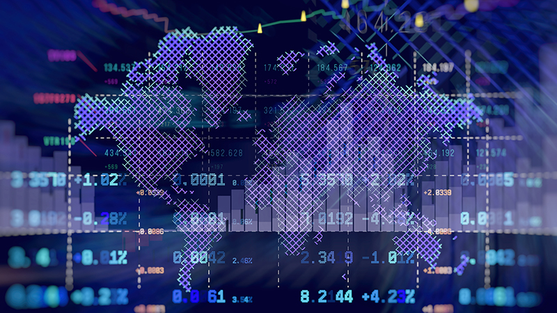 High-tech abstract background global financial market interface with world map and digital candlestick chart overlay. Concept for international economics, blockchain and cryptocurrency trading