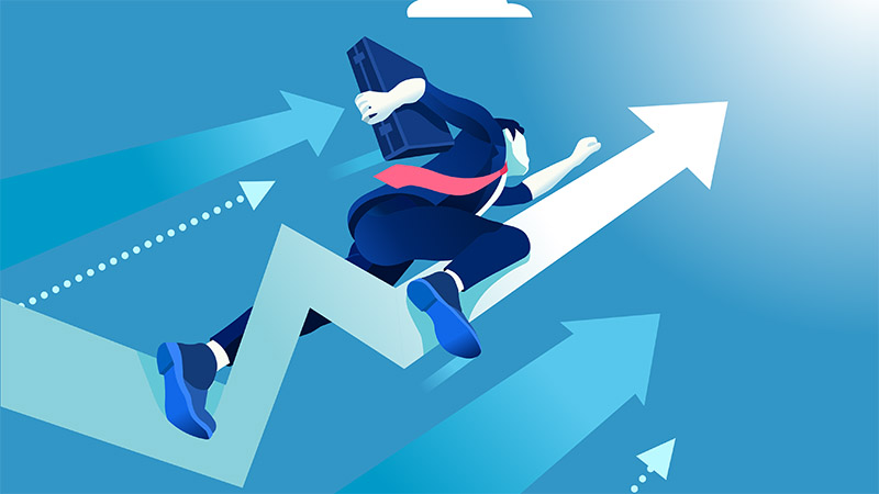 Hurry up concept. Business vector illustration. Flying businessman like a rising arrow.